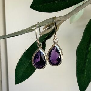 Silver Teardrop Amethyst Earrings - Purple